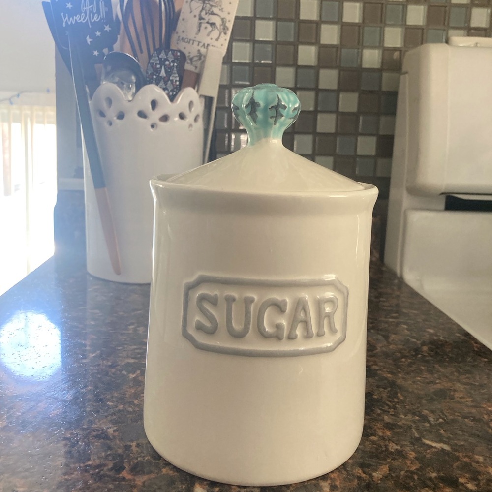 White Ceramic Sugar Canister with Aqua Knob